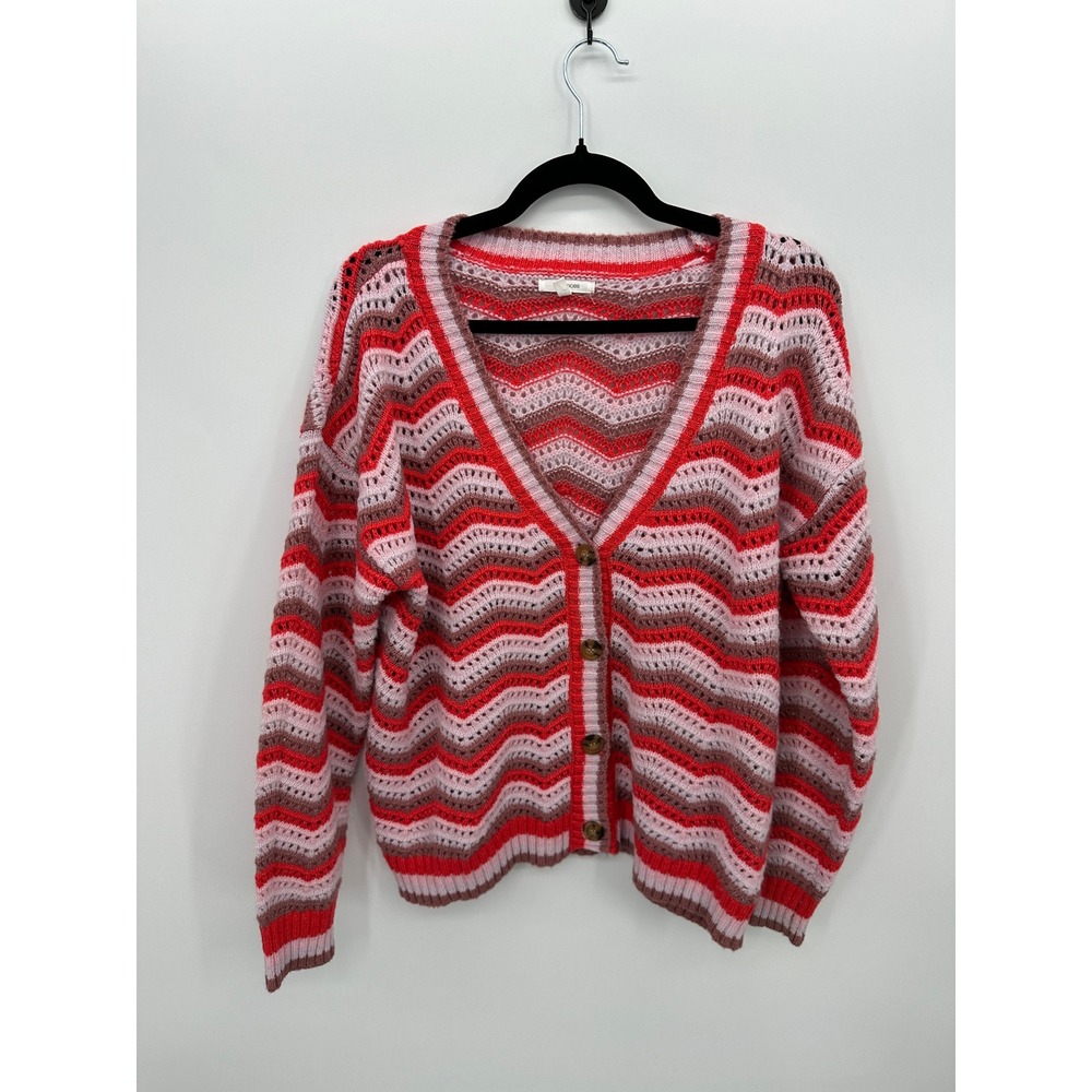 Maurices Pink Chevron Knit Button Down Cardigan Sz L Boho Retro Cozy Chunky